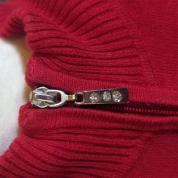 Vtg 90s Red Zip-Up Sweater Embroidered Holiday Ornaments Ramie/Cotton Sz PS - Picture 6 of 9